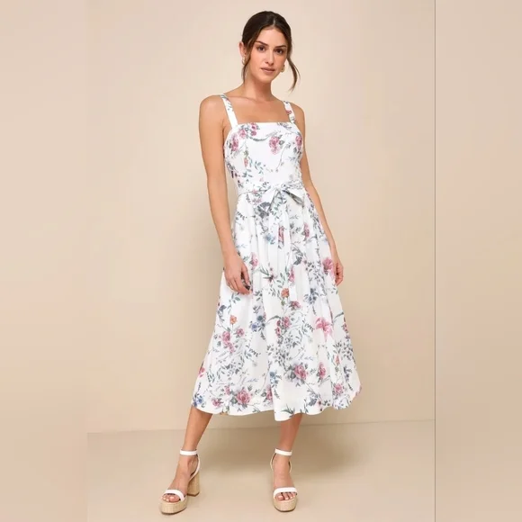 Lulus Sunny Posture Ivory Floral Sleeveless Midi Dress S Wedding Party Vacation - Picture 2 of 10